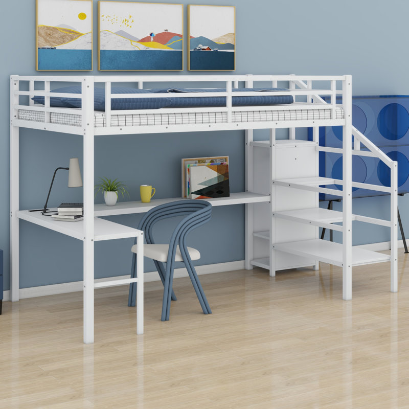 Structure de lit mezzanine en métal avec bureau en L, garde-robe, ports de charge à DEL et USB