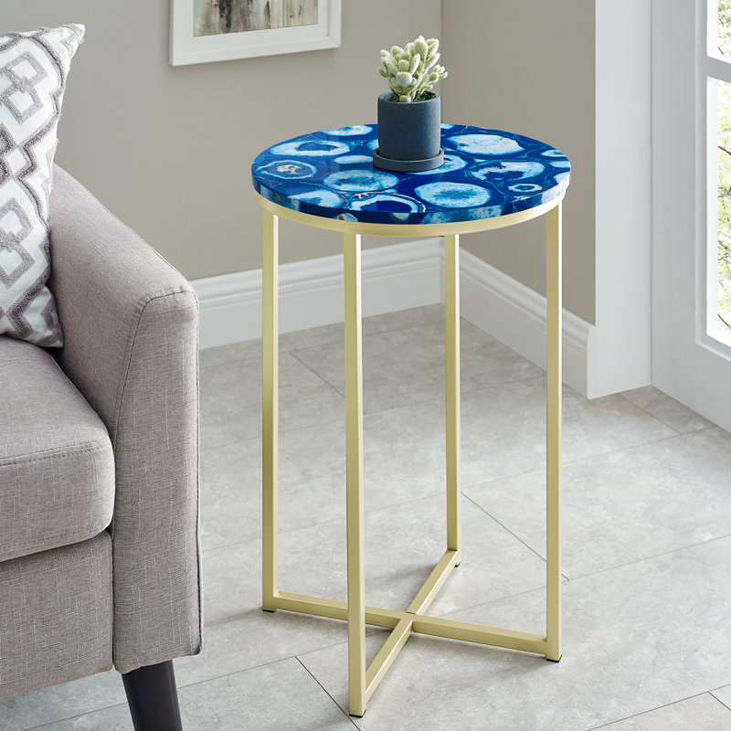 Table de bout avec pieds croisés Francis, Fausse agate bleue