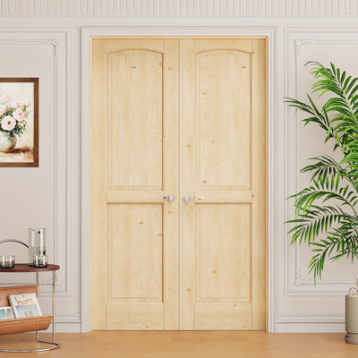 Interior 2-Panel Pine Wood Door, Colonial Natural Solid Pine Double French Doors, Pine Wood Frame & Satin Nickel Hardware-Privacy Door Lever with Lock, Latch & Hinges, Unfinished & Paintable, Pantry, Room, Bedroom, Bathroom & Closet, 48"x 80"