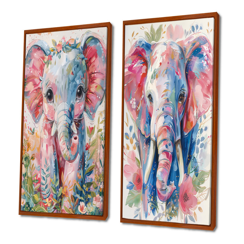 Ensemble de 2 pièces d'art mural pépinière gris, rose et magnifique éléphant I, H 32 po x l 32 po, Impression encadrée, Brun
