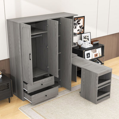 Armoire avec 2 portes, tringle, bureau convertible et tiroirs de rangement