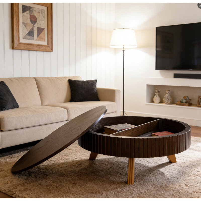 Table basse ronde avec espace de rangement, 39.37, Brun