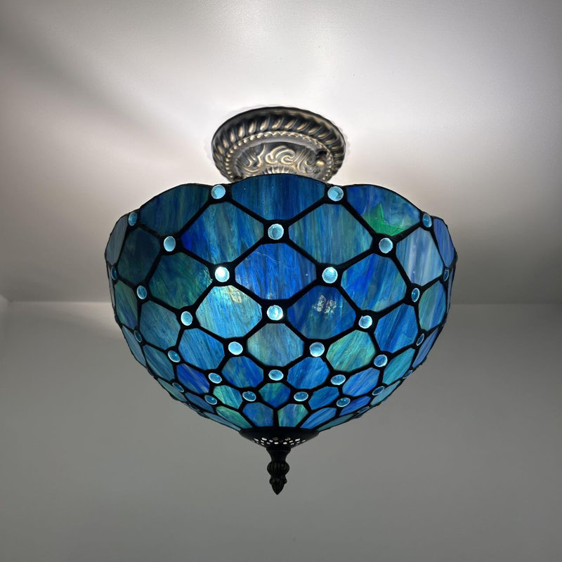 Tiffany Glass Semi Flush Mount, Blue