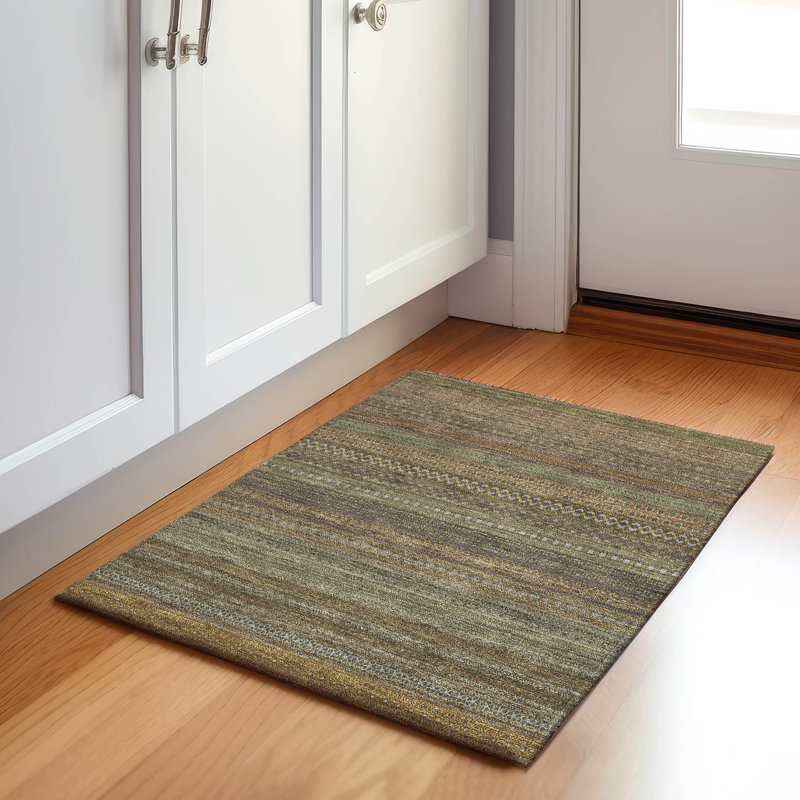Khaki Rectangular Washable Synthetic Stripe Rug 1'8" x 2'6"