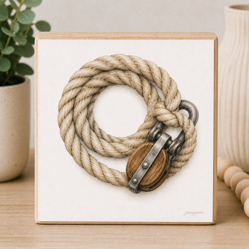 Mini bloc décoratif carré en bois de 14 cm représentant une corde et une poulie nautiques