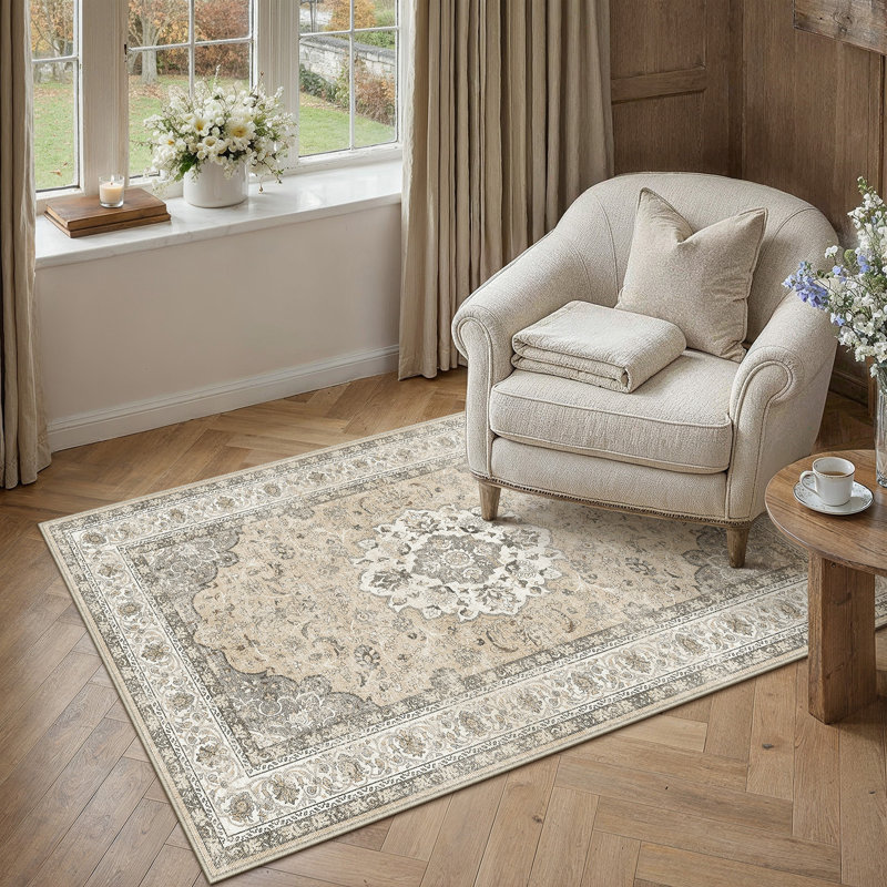 Tapis oriental beige Stella avec envers antidérapant et rouleau, Light Brown, Rectangulaire 3 pi x 5 pi