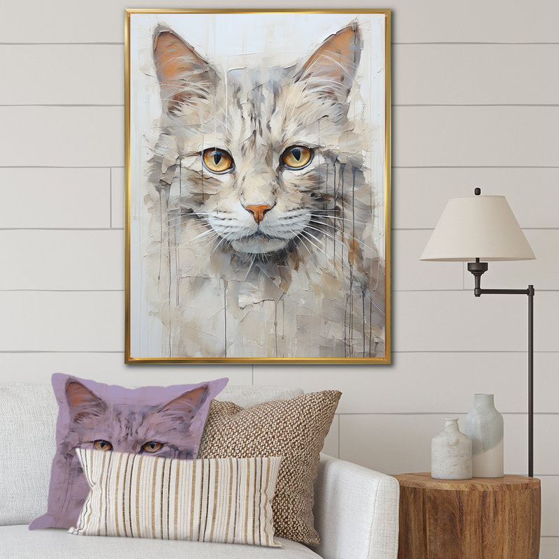 Minimalisme, portrait de chat beige - impressions murales de chat, H 32 po x l 16 po x P 1 po, Cadre flottant doré