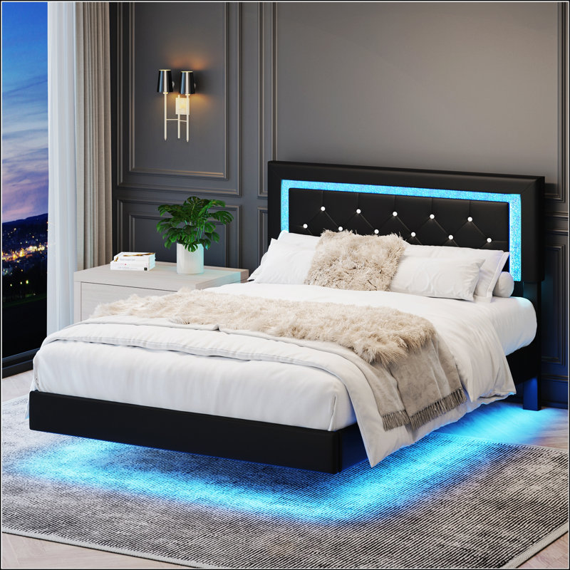 Structure de lit double avec lumières DEL, plateforme rembourrée, tête de lit capitonnée Diamond, aucun sommier requis, Noir