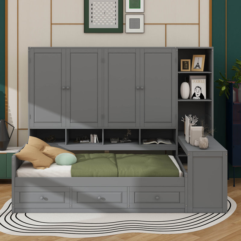 Lit de jour en bois avec tiroirs, zone de rangement intégrée, espace de travail et tablettes, Gris, Lit simple