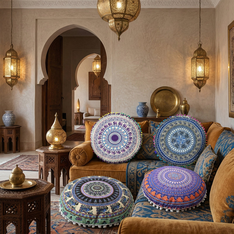 Ensemble de 4 housses de coussin rondes Mandala de 17 x 17 pouces, taies décoratives Boho Pom Pom pour canapé, lit et patio