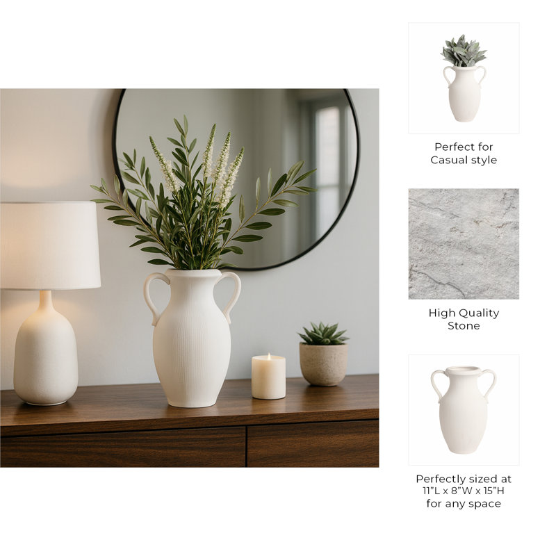 Stoneware Table Vase, 15" H x 11" W x 8" D, White