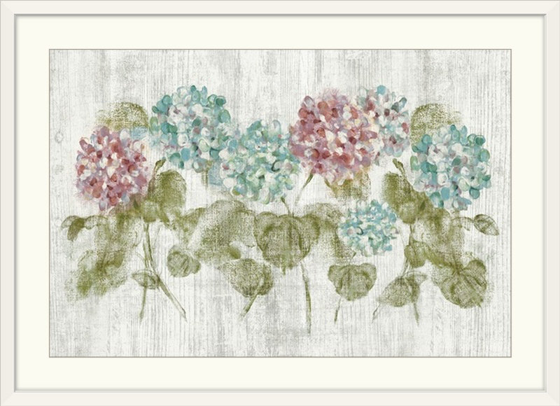 «Virant Row of Hydrangea on Wood», reproduction de peinture de Cheri Blum, H 32 po x l 44 po x P 1 po, Cadre blanc