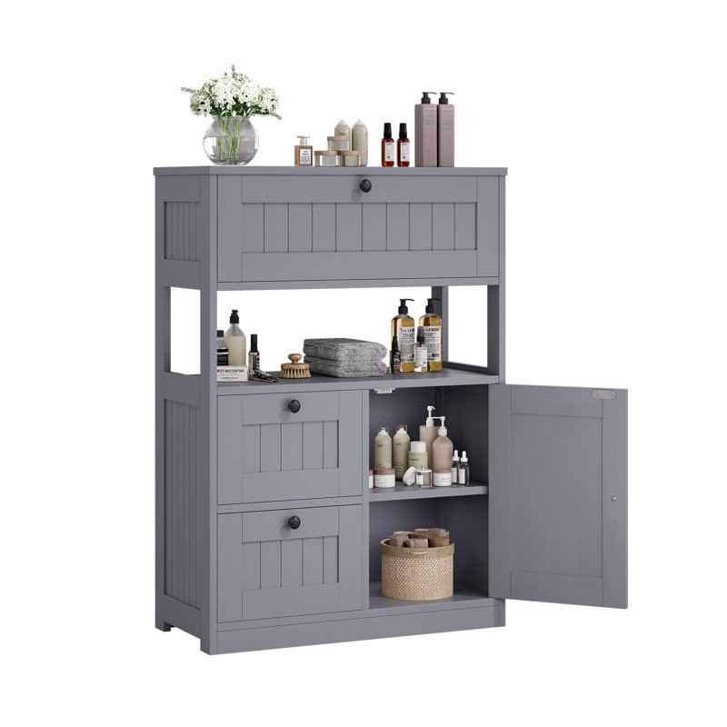 Armoire de rangement moderne à 3 tiroirs avec tablette réglable et présentoir ouvert, Gris