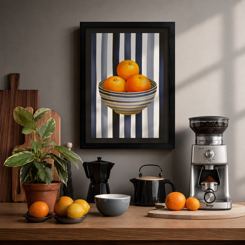 Oranges in Striped Bowl Modern - Framed Print, Black, A3 - 42.0 x 29.7 cm