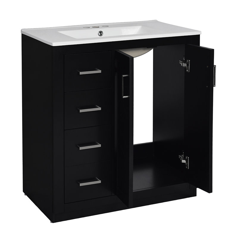 Armoire de rangement pour salle de bain avec lavabo en céramique et 3 tiroirs, Argent argent, Noir, noir, noir, noir