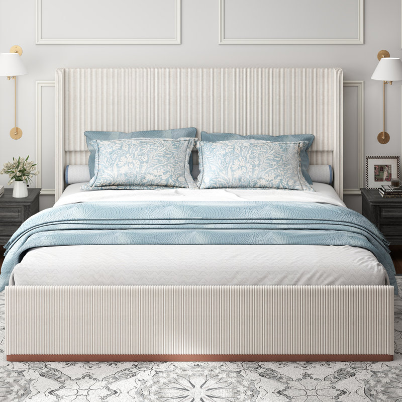Corduroy Bed Frame with 47" Headboard, Upholstered Platfrom Bed with Vertical Stripe Wingback, King