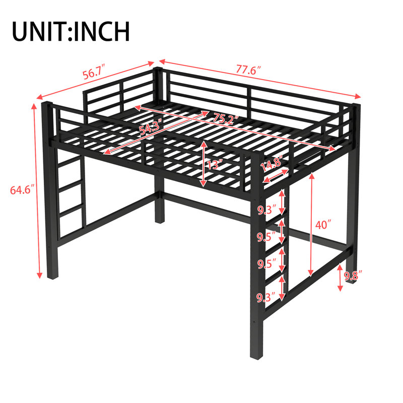 Full Metal Loft Bed with Ladder & Guardrails, Space-Saving Sturdy Black Loft Bed for Kids, Full