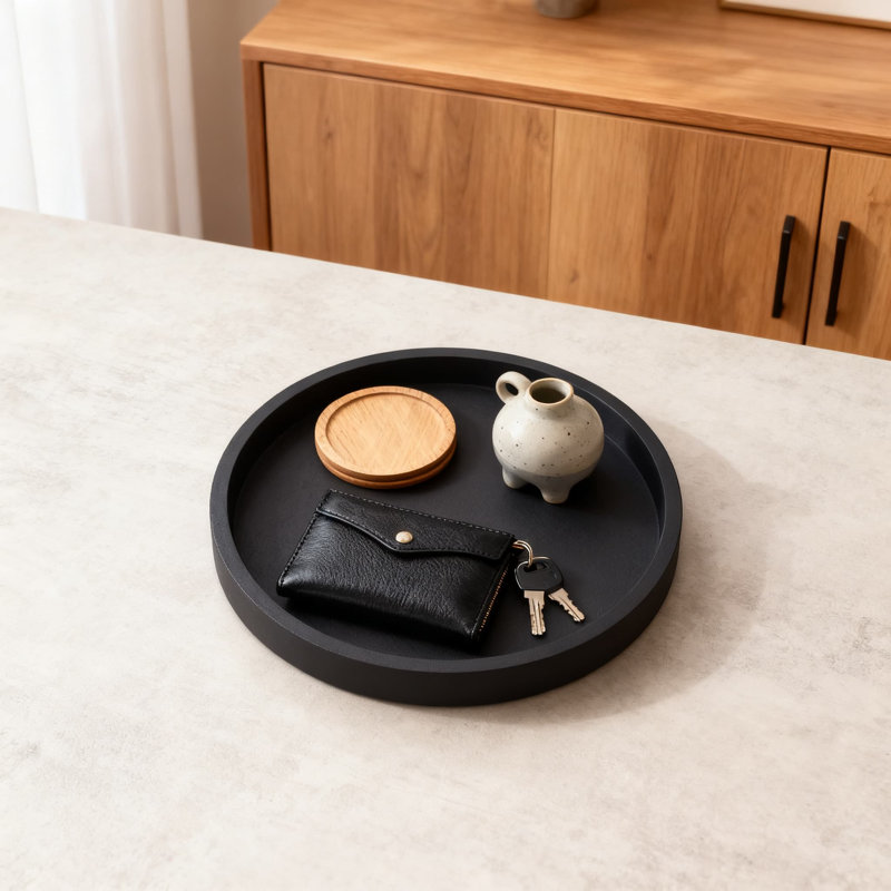 Round Decorative Serving Tray For Coffee Table Centerpieces, Modern Farmhouse Home Decor With Soft Padding For Living Room And Bathroom Organization