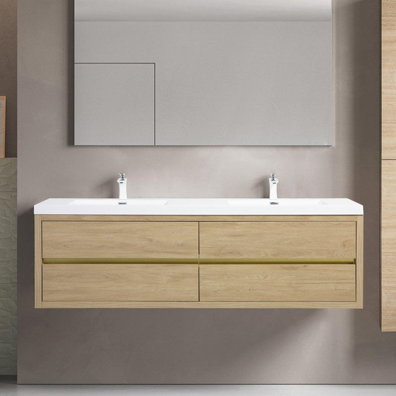 Meuble-lavabo mural 72 po, brillant, Bois naturel