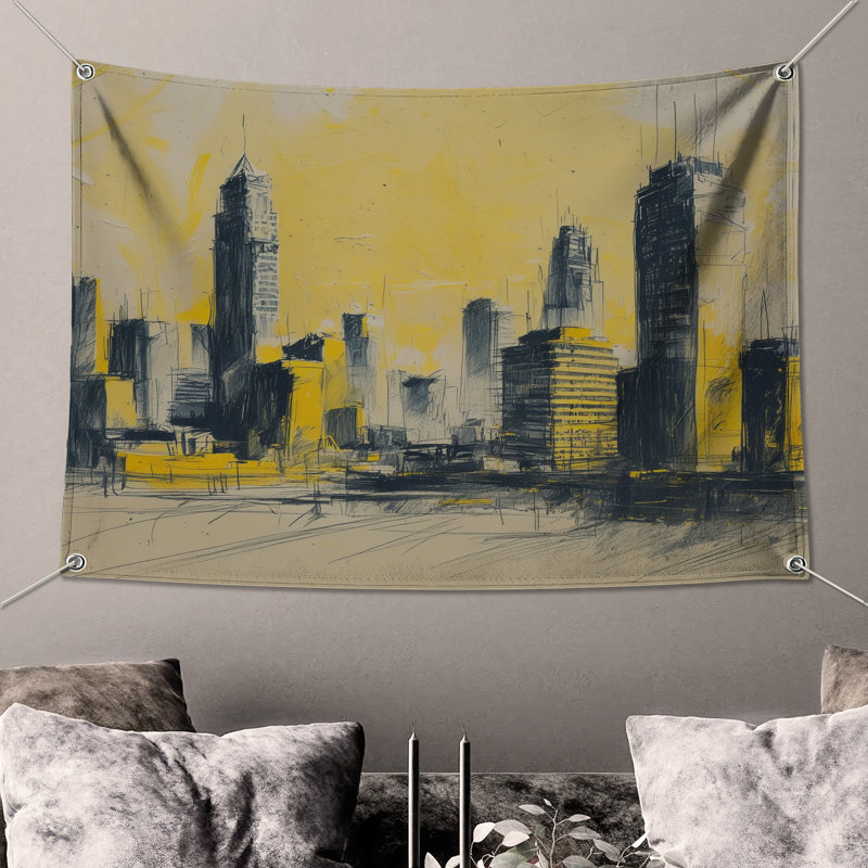 Tapisserie murale jaune - paysage urbain, 104 po H x 88 po avec 4 œillets