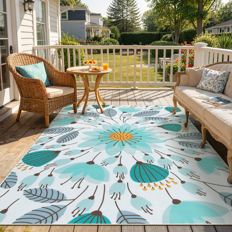  Washable 5X8 Blue Floral Outdoor Rug, Non Slip Quick-Dry Mesh Rug for Outside, Rectangle 5' x 8'