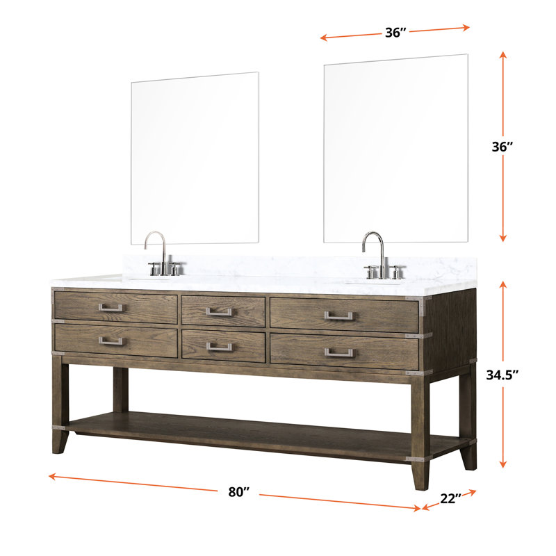Meuble-lavabo double en chêne gris 80 po Large, 22 profond, comptoir en marbre, robinet et 36 miroirs - scellés polis pour une beauté large X