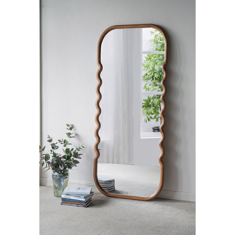 31.4X1.4X74" Wooden Floor Mirror With Unique Brown Frame
