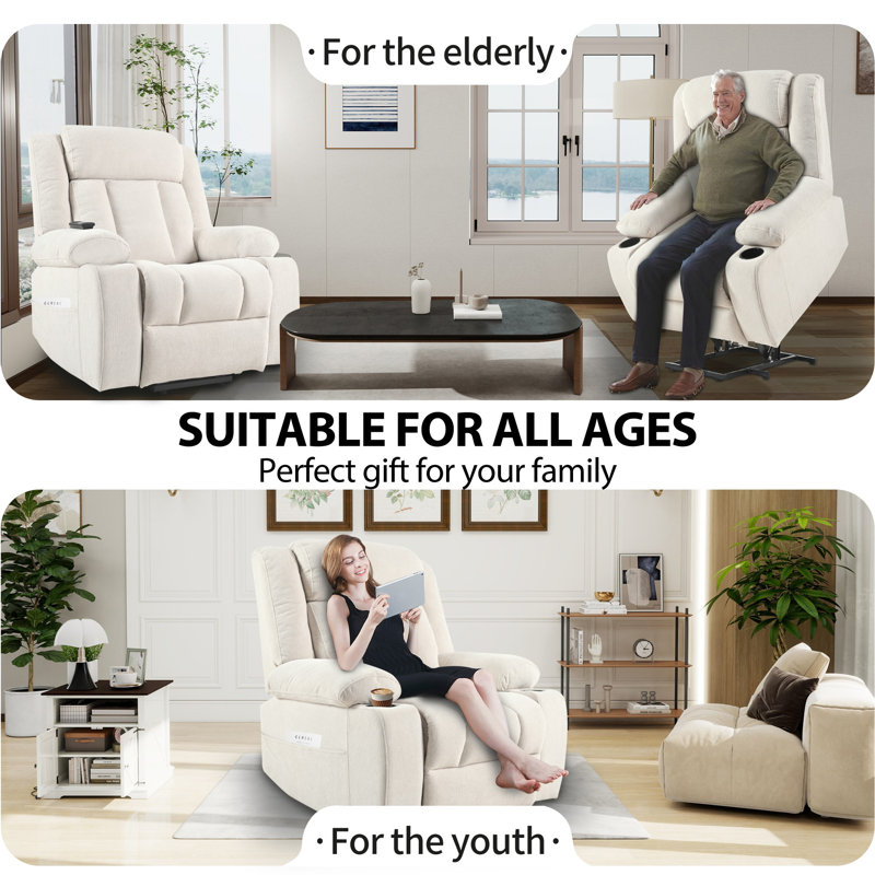 Upholstered Extra Wide Power Recliner With Pillow Arms, Light Gray