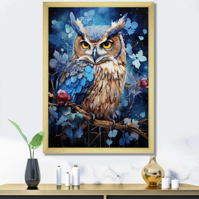 Chouettes bleues au clair de lune I, H 32 po x l 16 po x P 1 po, Encadrement doré