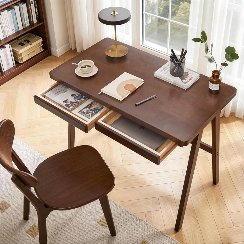 Bureau d'ordinateur 100% bois d'hévéa massif, bureau d'écriture rétro avec tiroir, pieds robustes en A, 39,37 po x 21,65 po, 0,7 po