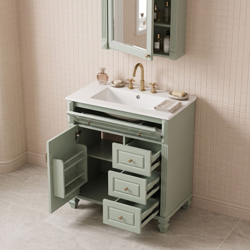 Meuble-lavabo autoportant avec lavabo en céramique, tiroir escamotable, tablette réglable et rangement pour porte, Vert