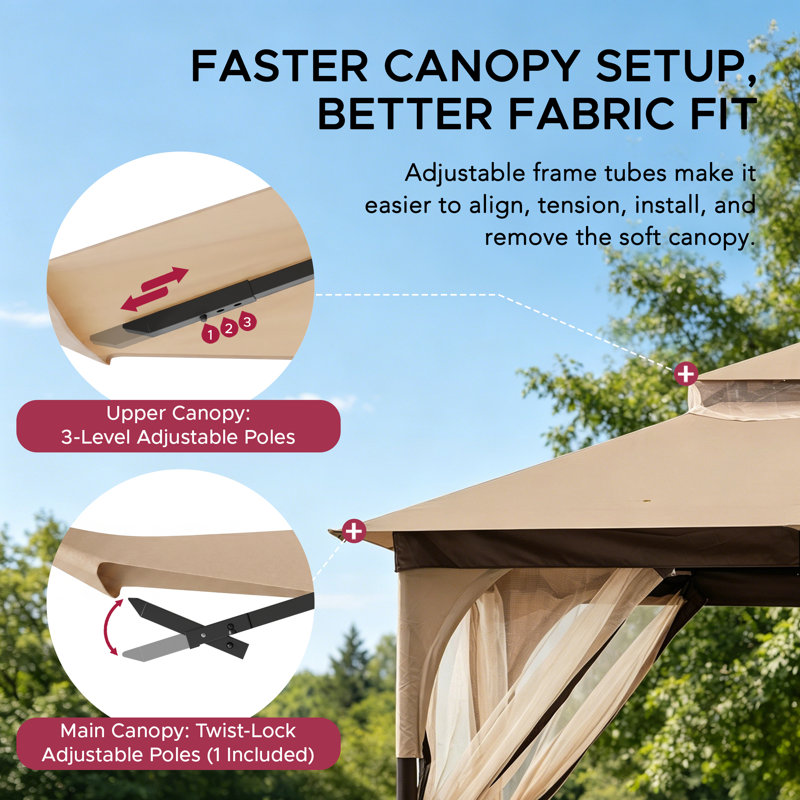 Sunjoy 9 ft. x 9 ft. Gazebo with 2-Tier Canopy Roof, Steel Frame Soft top Gazebo with Ceiling Hook and Mosquito Netting