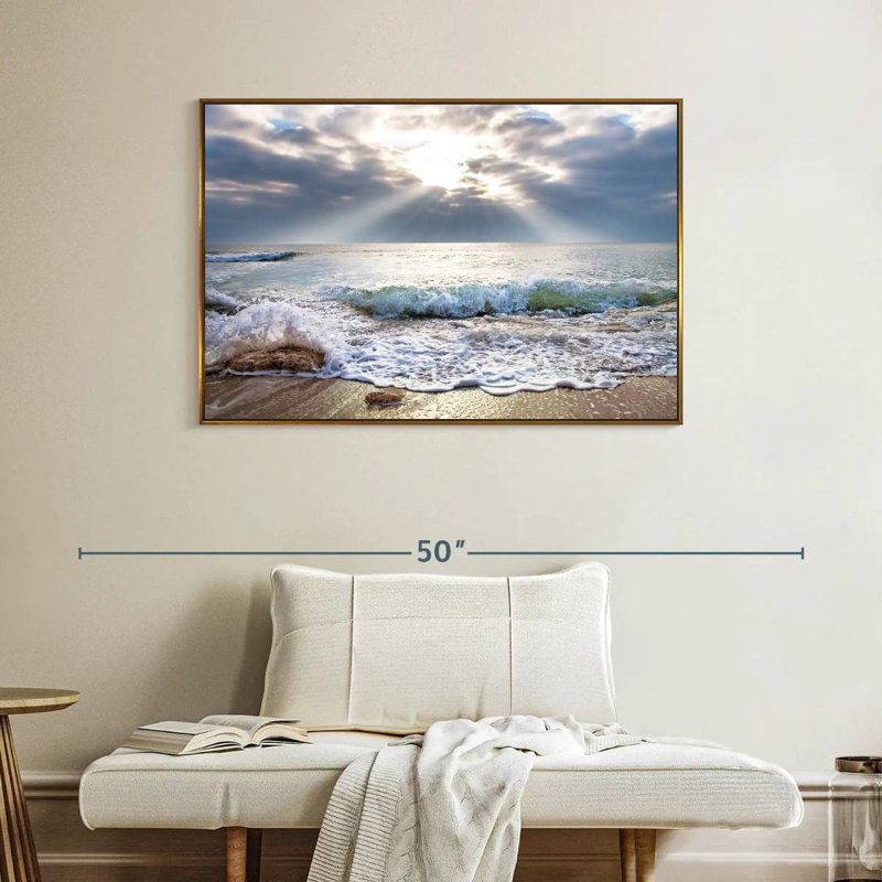 Océan au lever du soleil, Cadre flottant doré, 40 po x 27 po