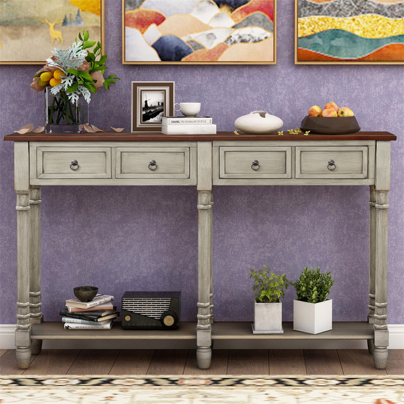 Console en bois massif de 57,9 po, Noyer, Gris antique