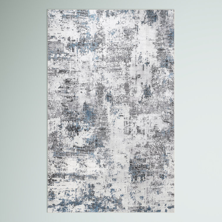 Lucian Abstract Machine Washable Runner Rug for Living Room Bedroom Dining Room Entryway Hallway Kitchen, Blue Grey/Ivory