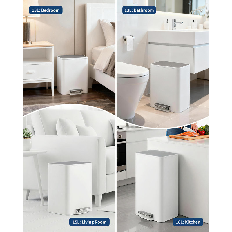 Poubelle de salle de bain peu encombrante, petite poubelle de 3,4 gallons avec couvercle à fermeture douce, pédale et seau intérieur amovible, poubelle rectangulaire en acier inoxydable pour la maison, le bureau et le blanc