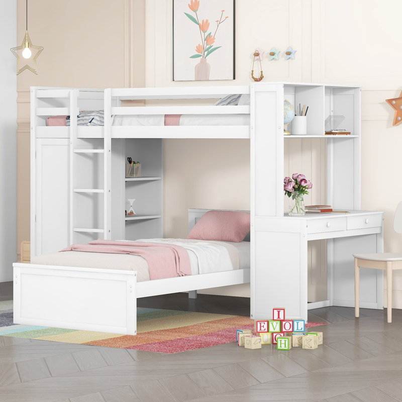 Loft Bed with a Stand-alone bed, Shelves,Desk,and Wardrobe, Twin, White