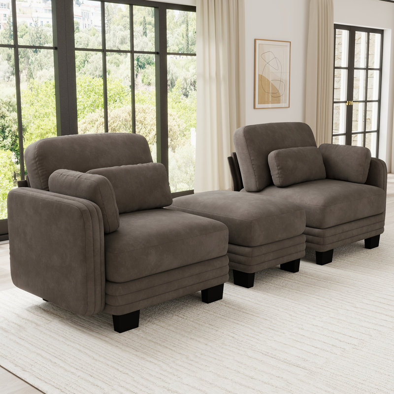 Causeuse en chenille capitonnée et modulaire, 2 pièces, causeuse avec repose-pieds mobile, brun, coussins en mousse à haute résilience