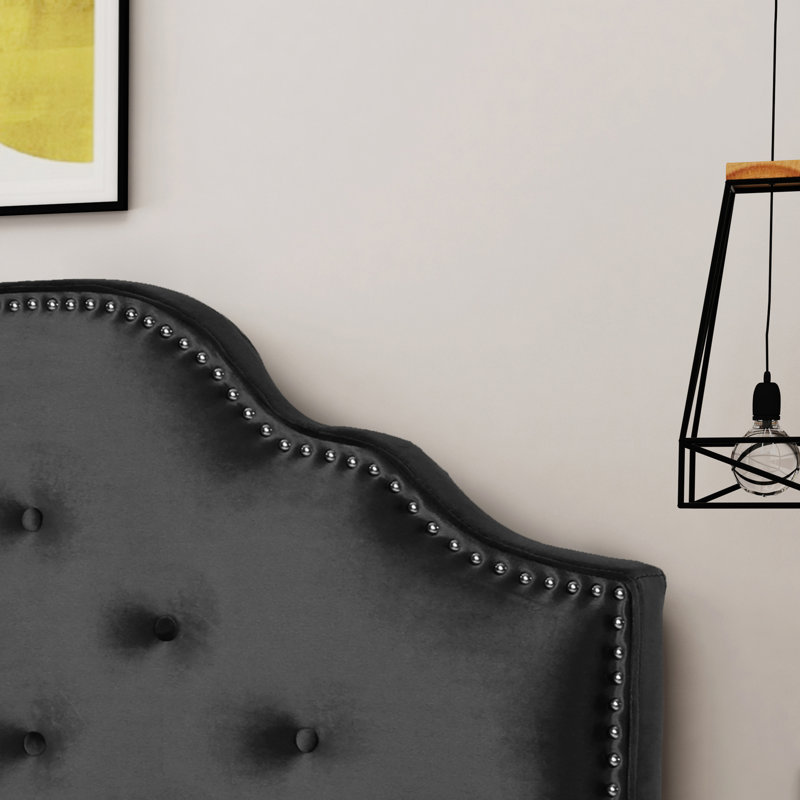 Grande tête de lit moderne et tête de lit double - Velours noir avec boutons et têtes de clous élégantes, Black