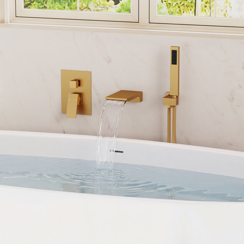 Wall Mount Waterfall Tub Faucet with Pressure Balance Valve and Hand Shower, Brushed Gold