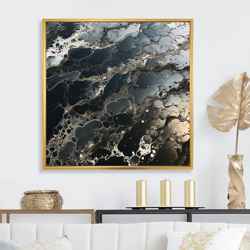 Noir et blanc liquide encre de rivière II - art mural abstrait salon, Cadre flottant doré, H 24 po x l 24 po x P 1 po
