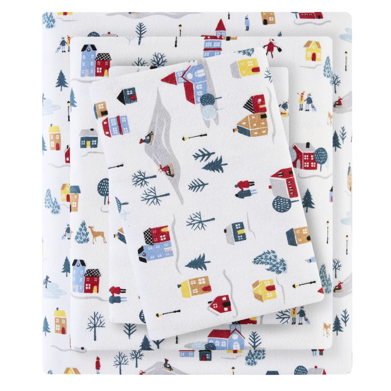 White Village Print King 4 Pcs Flannel Sheet , 100% Cotton,   Cozy Handfeel, Machine Washable, , Comes With Flat, Fitted Sheets And 2 Pillowcases In Cotton Flannel, Print, Soft, With