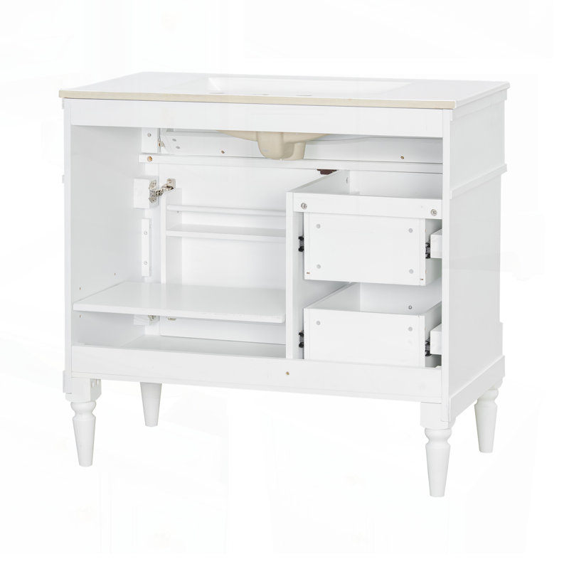 Meuble-lavabo autoportant de 36 pouces avec lavabo en céramique, tiroir rabattable, tablette réglable et structure en bois d'hévéa durable