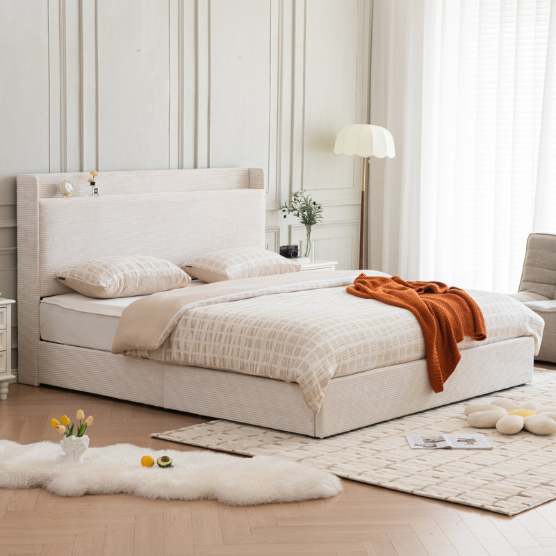 Lit plateforme tapissier avec 4 tiroirs de rangement et tête de lit, Crème, Très grand