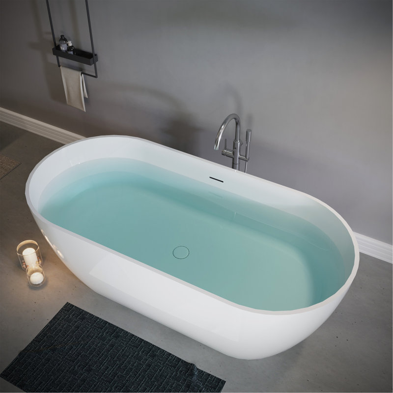 Baignoire autoportante de 63 po à surface solide, baignoire de trempage autoportante en résine d'ingénierie de luxe avec trop-plein et bonde escamotable pour salle de bain contemporaine, blanc brillant