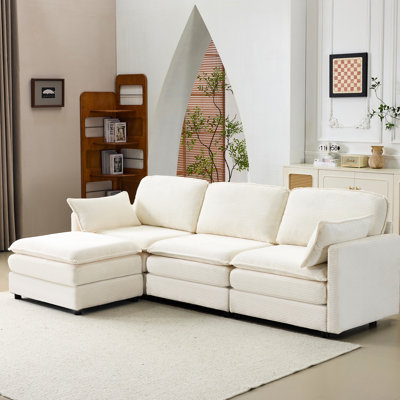 104" Cloud With 22" Beige Chenille Cushions - Medium-Soft Seat, Wood Frame, For Bedroom And Living Room Modular 3 Seater Corduroy, High Foam, Home