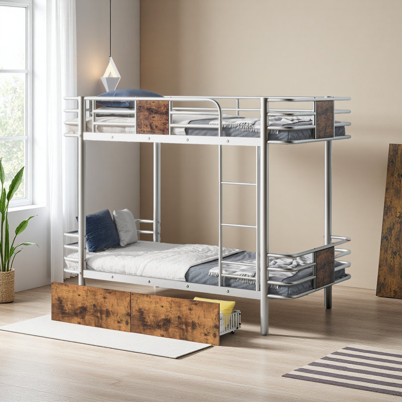 Twin XL Over Twin XL Metal Bunk Bed With MDF Board Guardrail And Two Storage Drawers, Silver