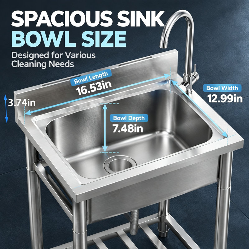 Stainless Steel Free Standing Single Bowl Kitchen Utility Sink with Mixer Tap & Storage Shelf, Freestanding Wash Station for Outdoor, Garage, Laundry Room, 55 x 50 x 100 cm