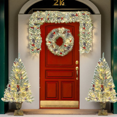 4-Piece Pre-Lit Lighted Artificial Christmas Decoration Set,Christmas Garland, Wreath And Trees