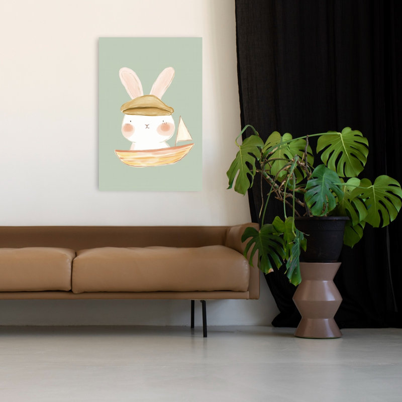 Cute Bunny Sailor Peaceful Whimsical Contemporary Rabbit Forest Wall Art Print by Mathieu - Wrapped Canvas Print